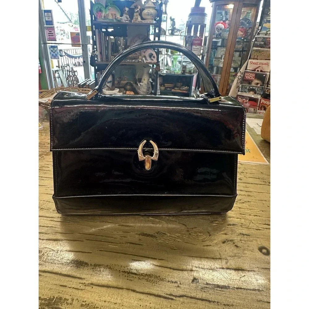 Vintage Bienen Davis Black Gold Hardware Women's Top Handle Bag Clasp